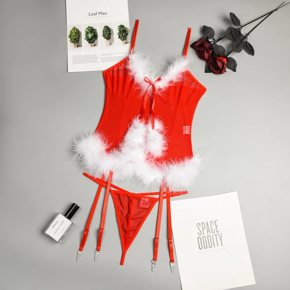 

Christmas carnival dress up, New Year red lingerie, two pieces of real fur splicing mesh set, 0007 holiday gift