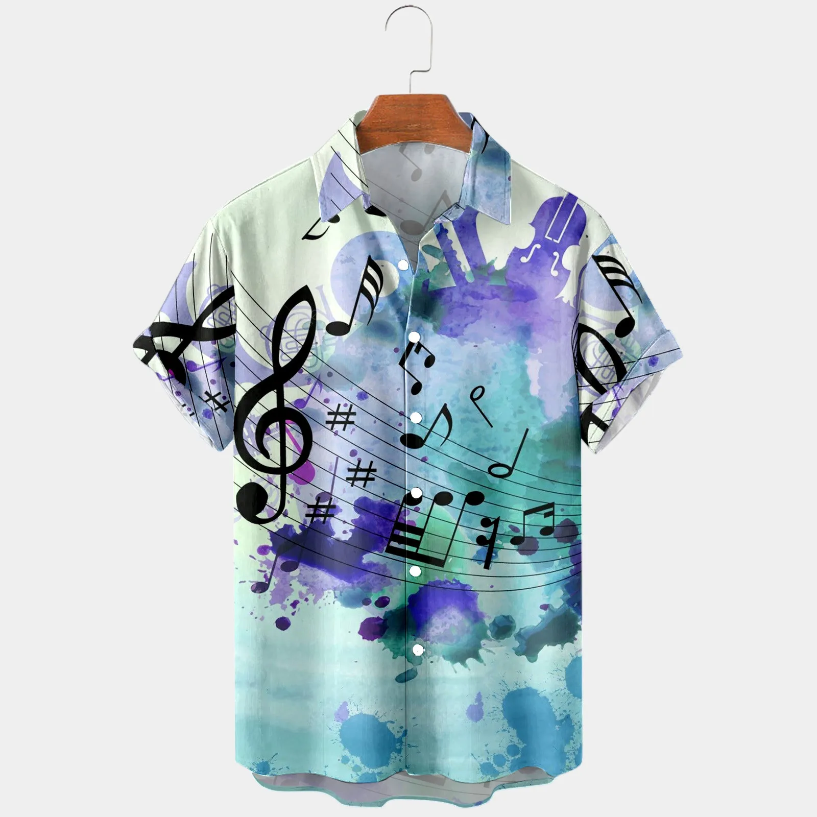 Men's Beach Floral Shirts Summer Musical Note Print Tie-Dye Casual Tees Tops Hawaii Short Sleeve Lapel Button Clothing Plus Size