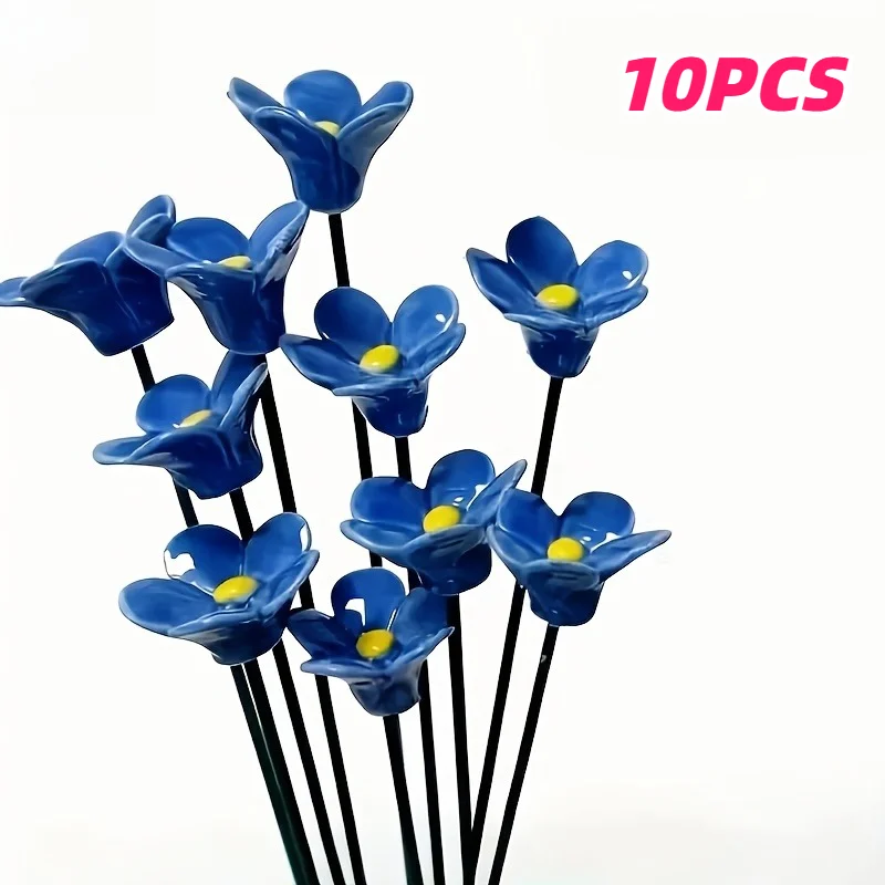 10pcs Forget-Me-Not Ceramic Flowers Handcrafted Fade-Resistant Pottery Decor for Indoor/Outdoor Home Decoration Preserved Flower