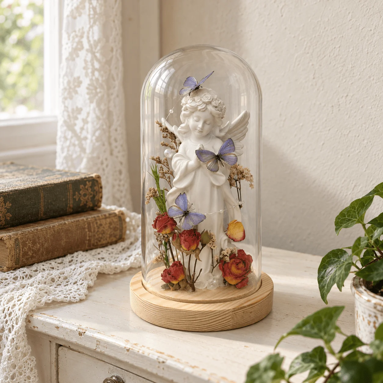 Butterfly Glass Dome Decor, Vintage Botanical Tabletop Ornament with Praying Angel and Dried Roses, Nature Inspired Home Gift