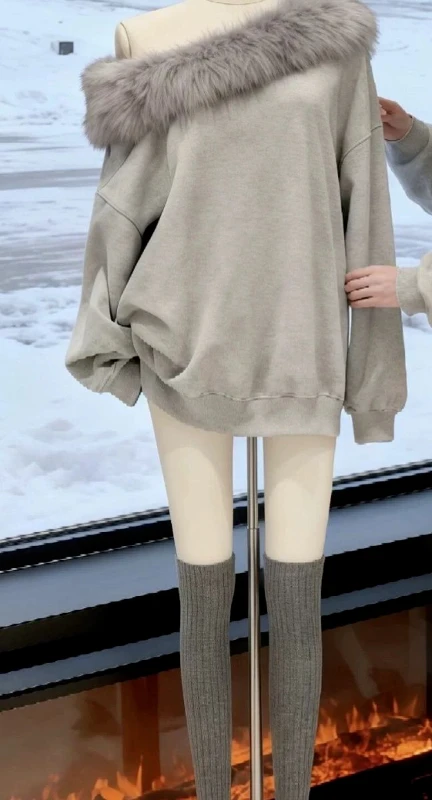 كسول الفراء طوق مائل الكتف البلوز هوديي المرأة الخريف والشتاء مزاجه فضفاض جديد تنوعا