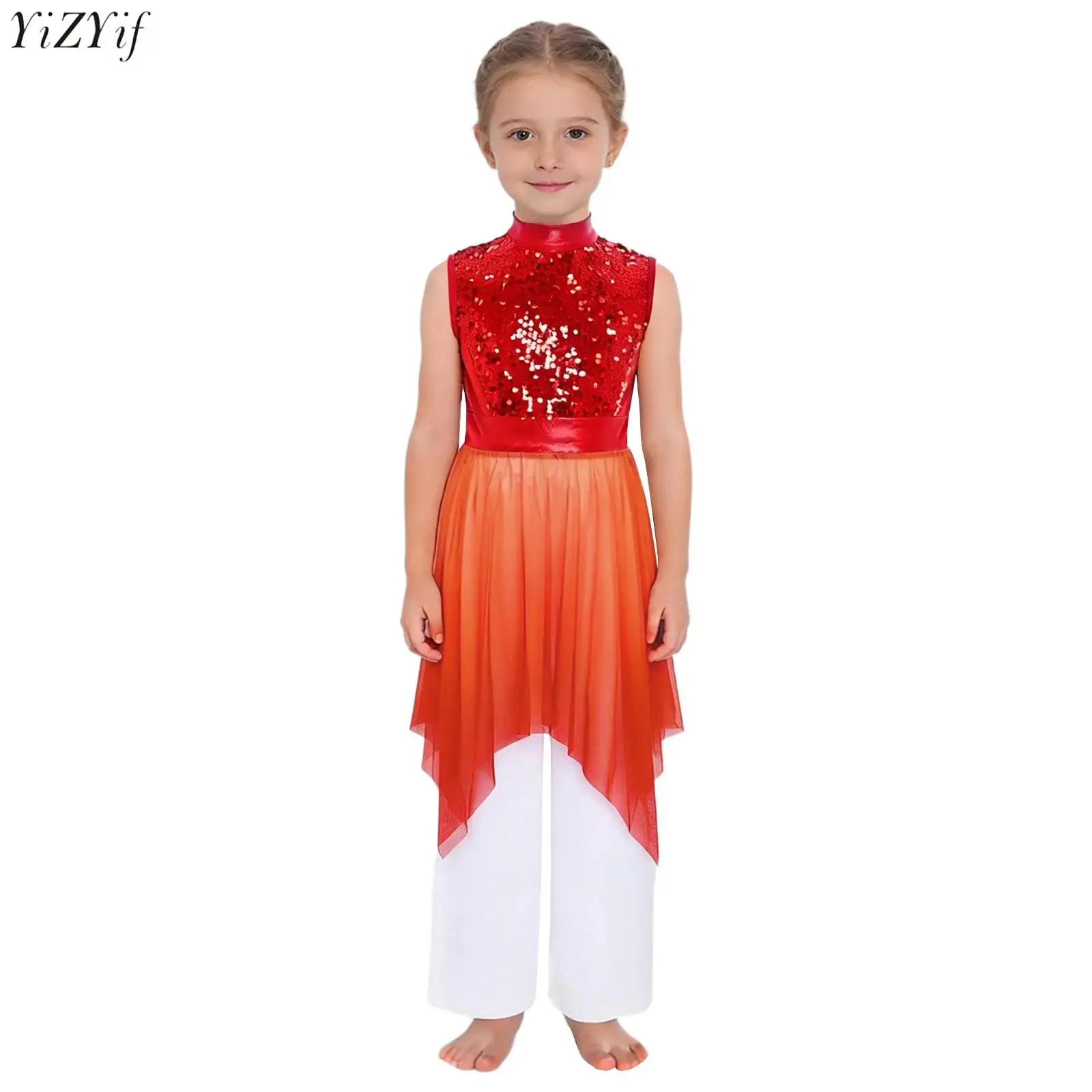 

Kids Girls Liturgical Praise Dance Dress Worship Costume Sleeveless Asymmetrical Hem Shiny Sequins Bodice Tunic Robe+Pants Set