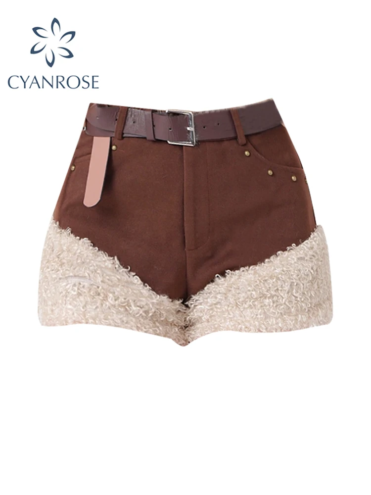 

Women's Fleece Patchwork Coffee Shorts Vintage Korean Y2k Harajuku High Waist Wide Shorts Retro A-line Mini Short Pants Summer