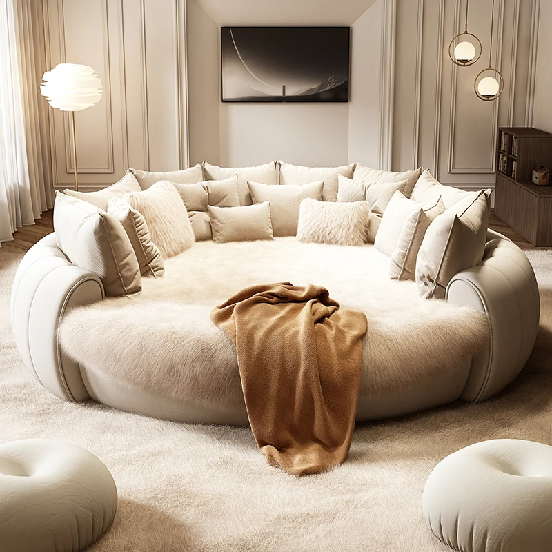 Italian Modern Luxury Puff Cream Lit Rond Round Rotating Circle Bed king Size Mattress Ins Luxury Soft Senna Round Bed Frame