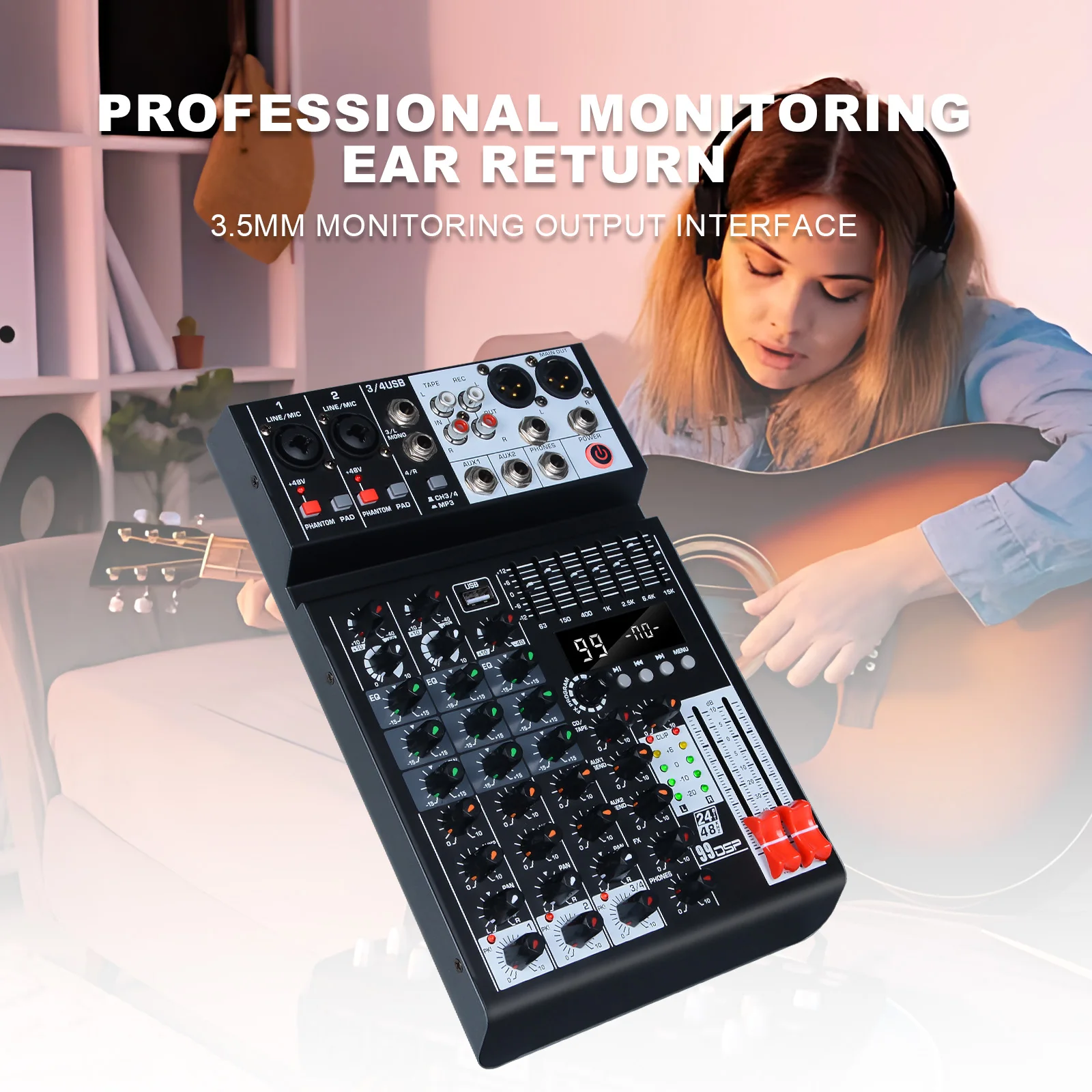 99 effects 4-channel mixing console with balance adjustment function Digital USB Bluetooth Echo Delay Effect 48V Stereo