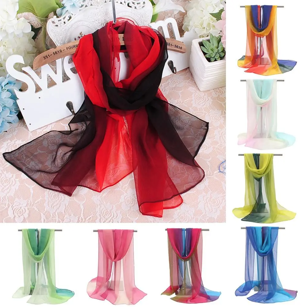 Women Foulard Gradient Solid Color Chiffon Georgette Scarf Bandana Elegant Long Shawl Hijab Summer Sun Protection