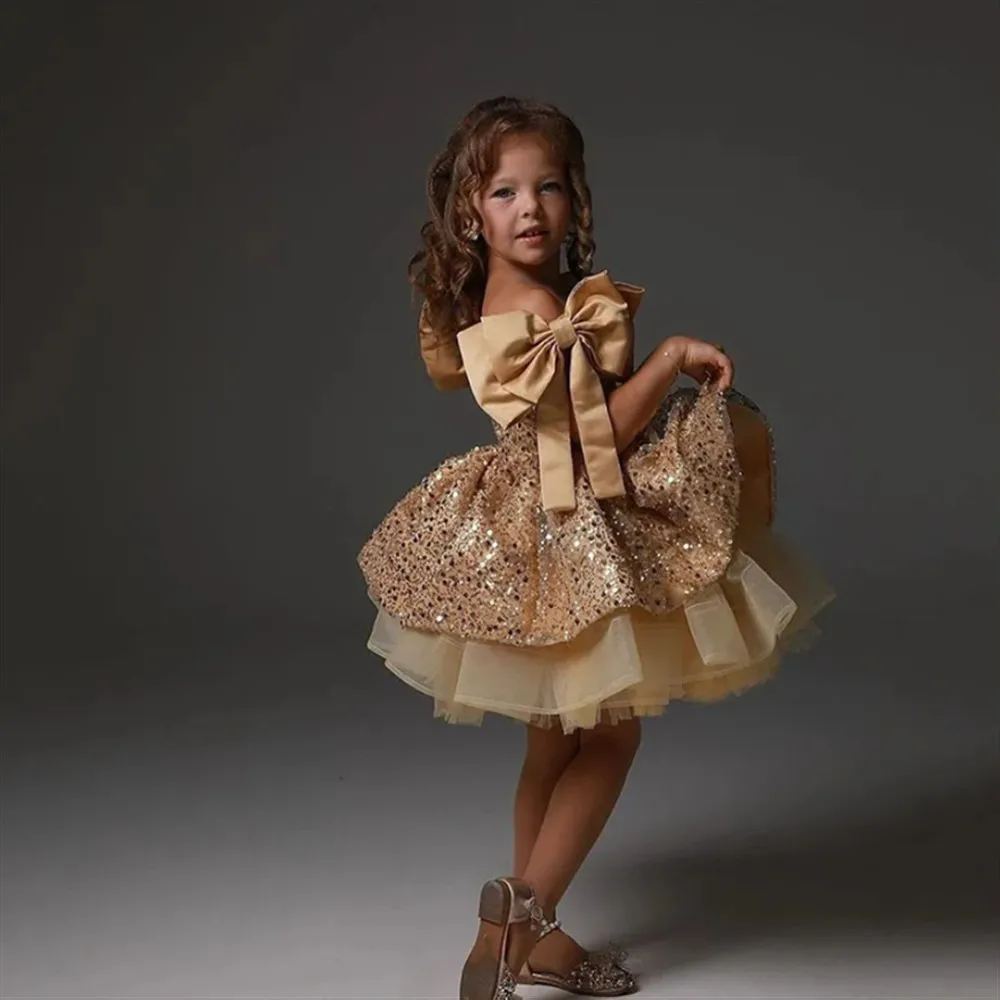 

Glitter Flower Girl Wedding Dress Sequined Off Shoulder with Bow Princess Birthday Party Holy Communion Ball Gown Customized