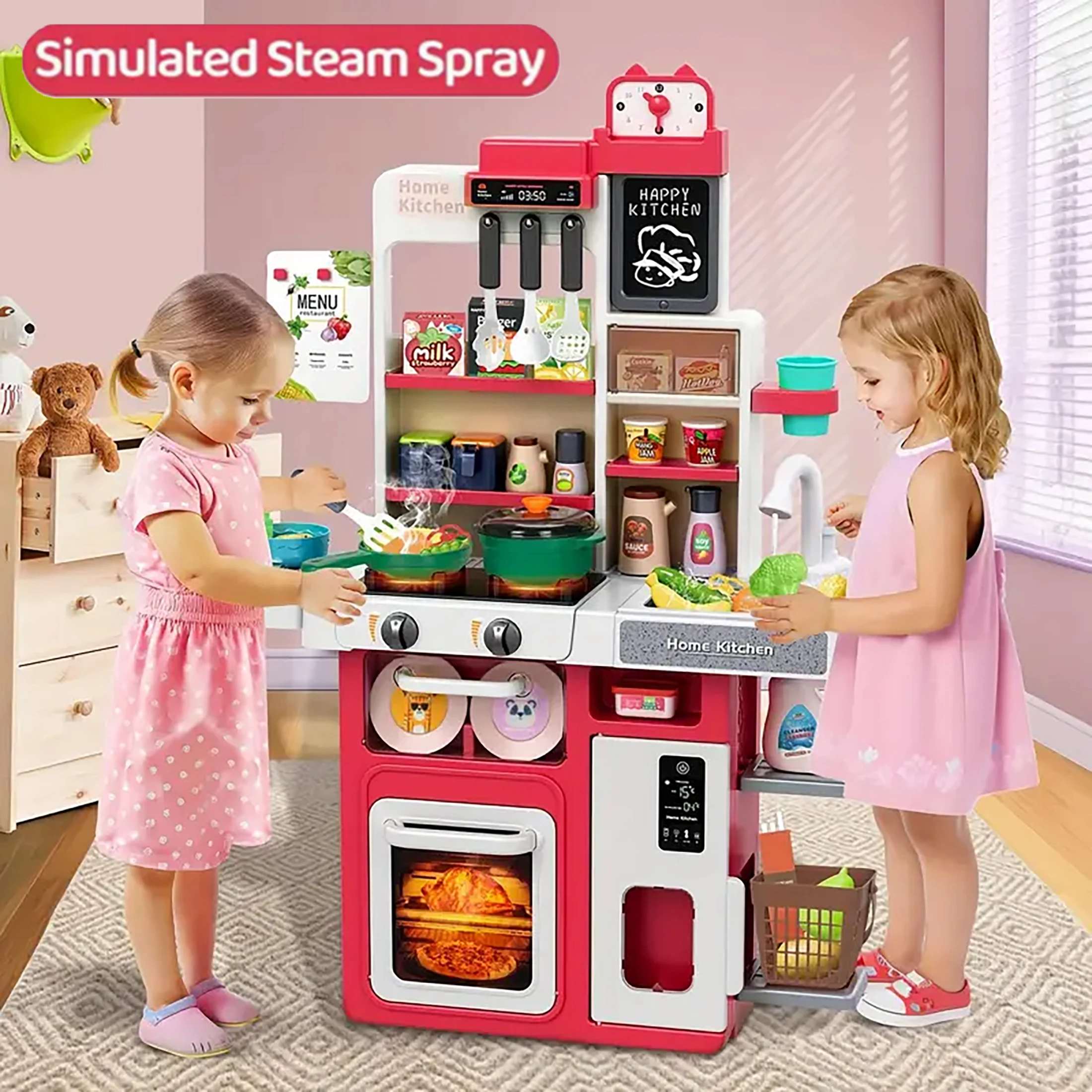 63 PCS Children Play Kitchen Set Sound Light, Cooking Stove Steam Play Sink Play Food Toy Kitchen