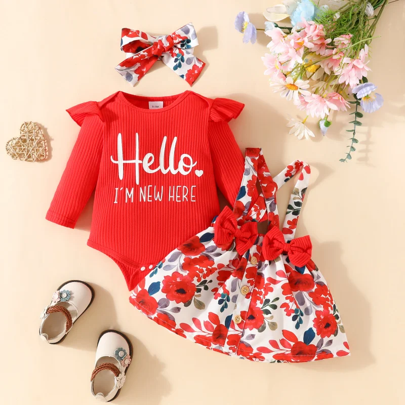 

3Pcs Children's Sets Newborn Girls Suit Long-sleeved Baby Kids Letter Romper Top+Flower Butterfly Strap Skirt+Headband Outfits