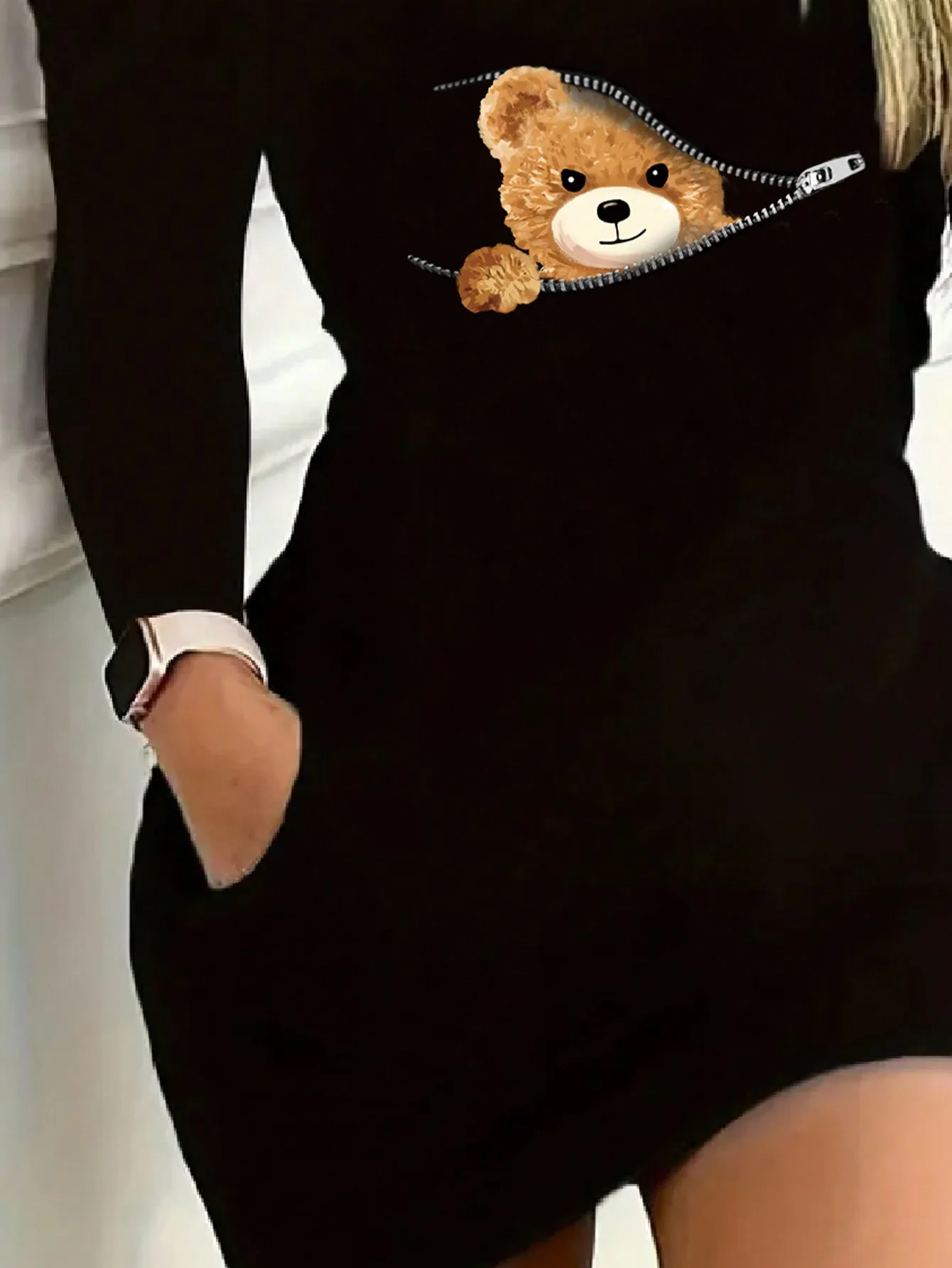 2026 Damen Freizeitkleid, elegant, einfarbig, Rundhals, mit Bärenmuster, Reißverschluss, langärmlig, kurzer Rock, ideal für den Alltag und Reisen – Detail 10