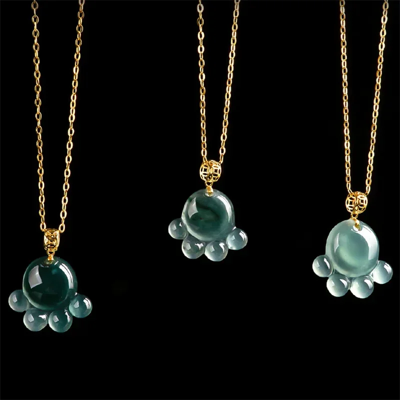 

Jiale/Hand-carved/Natural Jade Inlay Blue Water Cat Paw Necklace Pendant Personality Fine Jewelry Men and Women Couple Gift