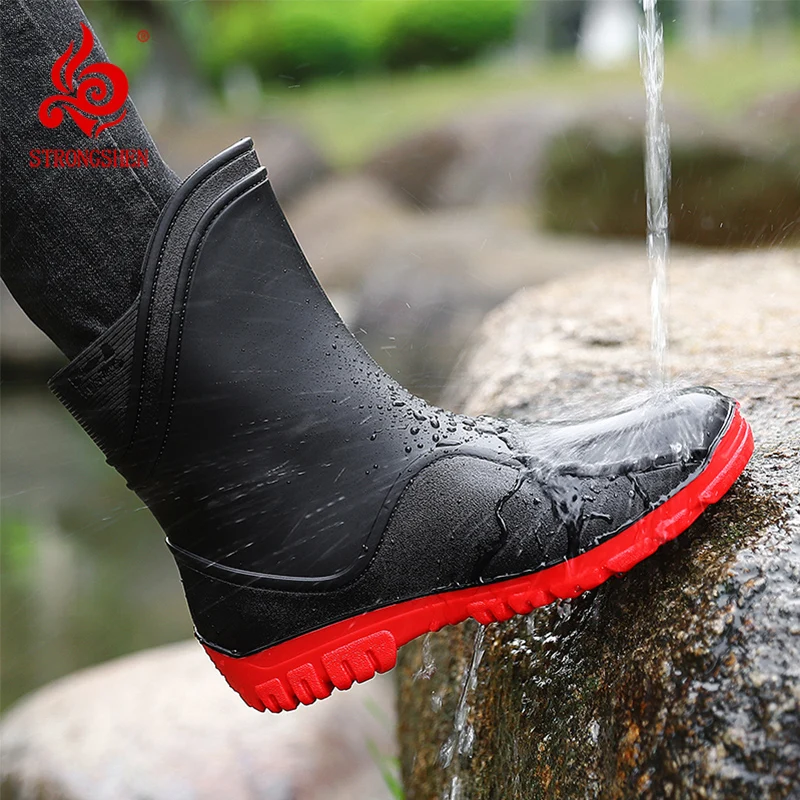 

STRONGSHEN Outdoor Men's Rain Boots Slip on Waterproof Rubber Non-slip Plush Rain Shoes Fashion Working Shoes Fishing Boots