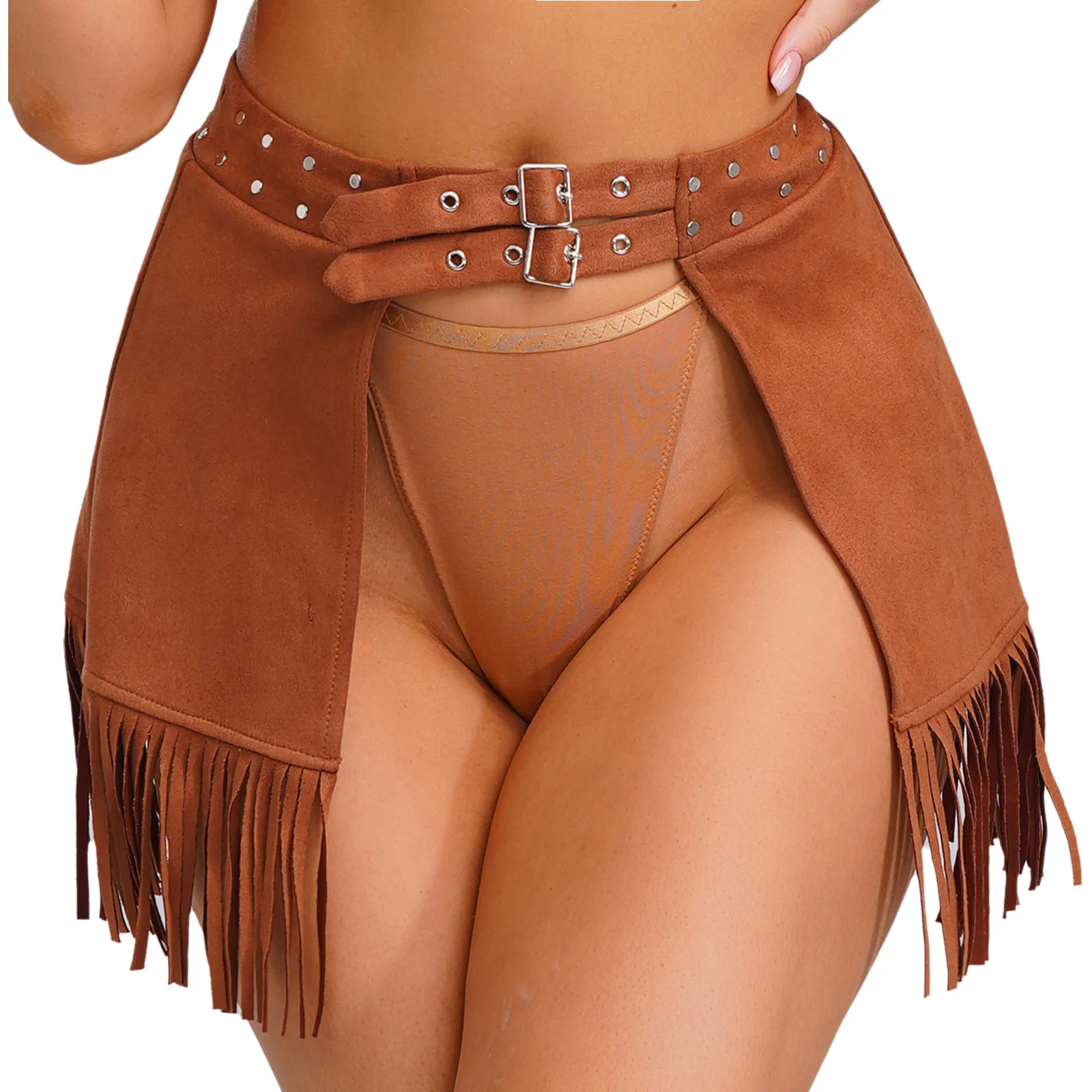 สตรี Western Cowgirl Faux Suede กระโปรง Retro 70s Disco Fringe กระโปรงมินิคู่หัวเข็มขัด Rivets เปิดด้านหน้าพู่ Trim กระโปรงสั้น