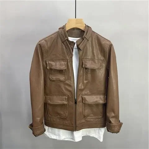 

Retro American Brown Workwear Harley Motorcycle Leather Jaet Men's Slim Fit Pilot Leather Jaet Coat Autumn New Sle