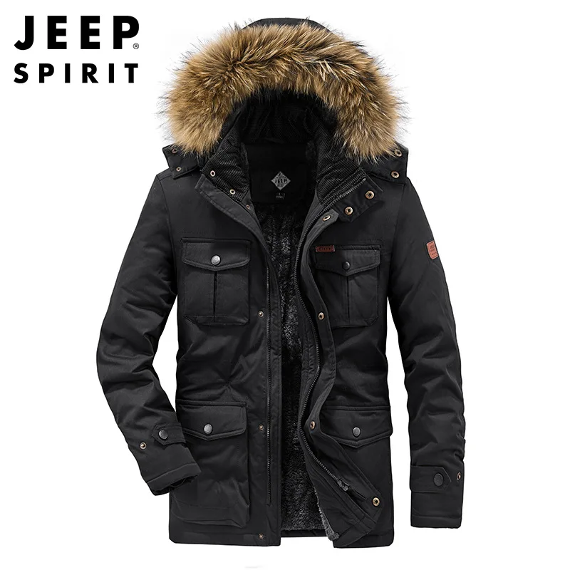 JEEP SPIRIT warm cotton coat men autumn winter coat thickened velvet windproof  cold-proof big fur collar high-quality clothes