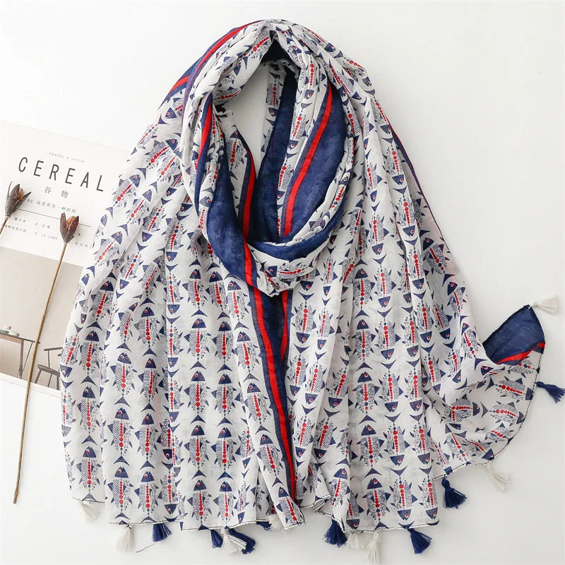 2024 Spring Fish Print Ladies Scarf Shawls Long Foulard Tassel Scarves Hijab Wrap Bufanda