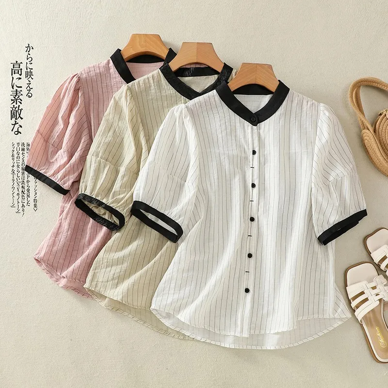 2024 New Arrival Summer Loose O-neck Short Sleeve Casual Cotton Linen Striped Women Blouse Single Breasted Cotton Linen Shirts