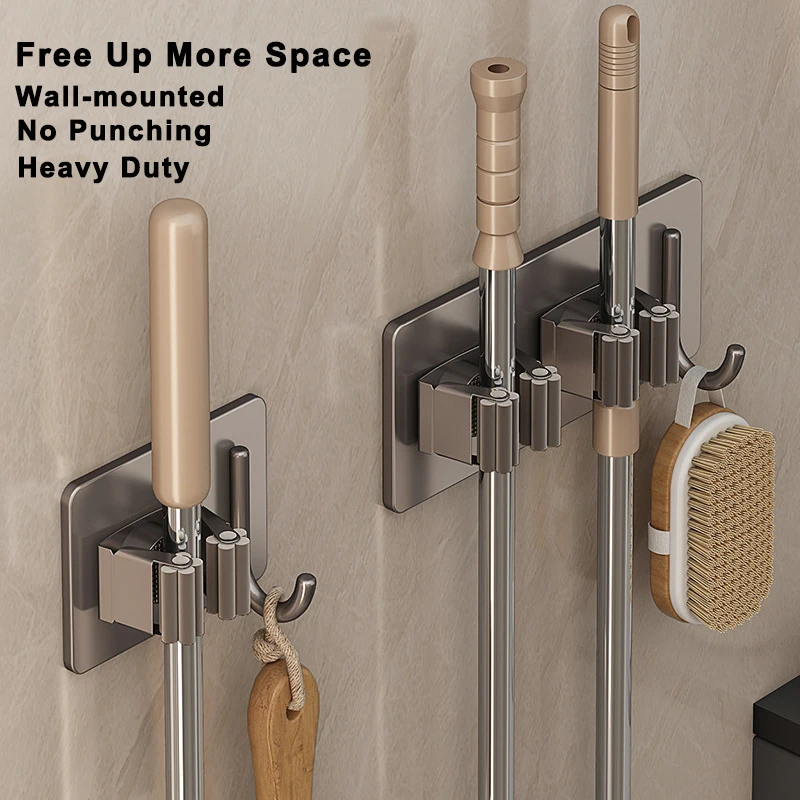 304 Stainless Steel Mop Holder Wall Mounted Adhesive Multi-Purpose Hooks Household Storage Organizer Rack Broom Hanger Stick