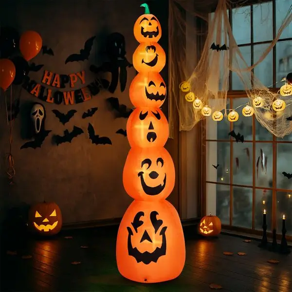 Decoração de abóbora empilhada inflável de Halloween de 9 pés com luzes LED - Decoração externa gigante Jack-o-Lantern, à prova d'água e fácil Setu