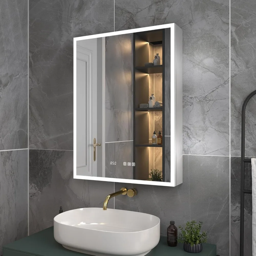 

Lighted Medicine Cabinet 24 x 32 Inch,Recessed or Surface led Medicine Cabinet, Clock&Room Temp Display,Defog,Dimming,Medicine