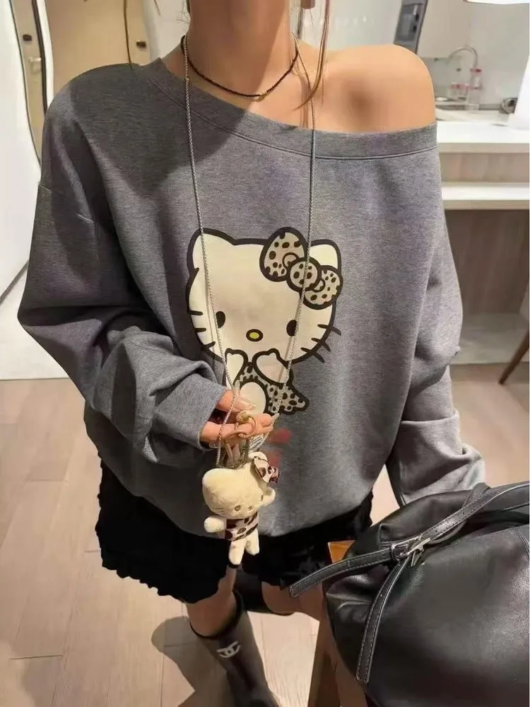 Felpa Casual con Stampa Cartoon, Spalle Scoperte, Stile Dongda Gate, Novità Inizio Autunno 2025, Moda Femminile