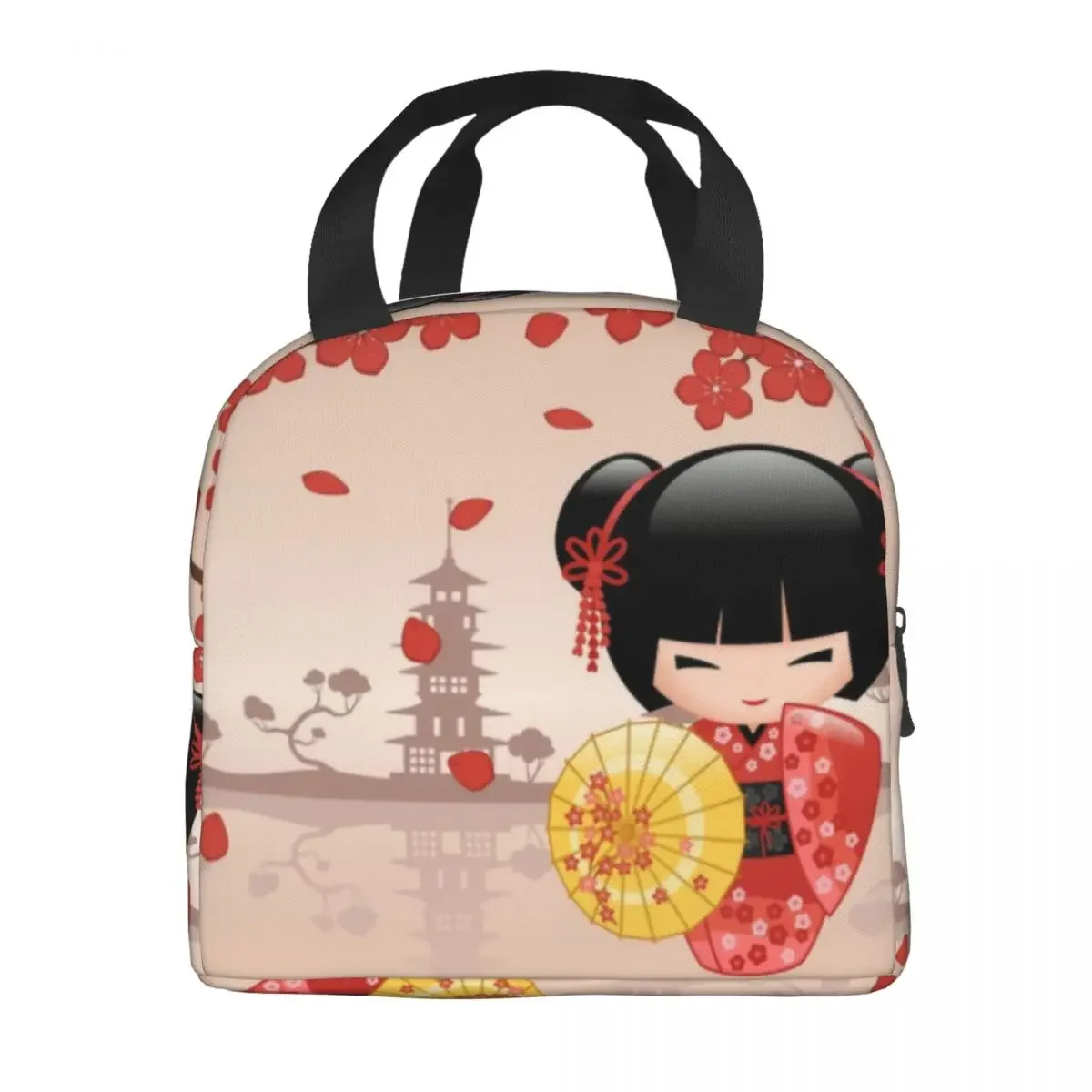 Bolsa de almuerzo con aislamiento de muñeca Sakura Kokeshi Roja japonesa para mujer, fiambrera térmica reutilizable, linda flor de cerezo femenino