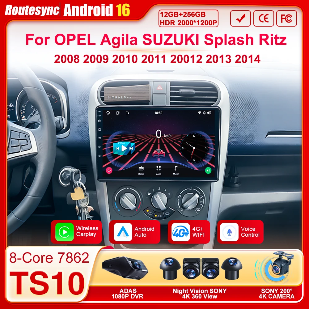 

Stereo Head Unit For OPEL Agila 2008-2014 For SUZUKI Splash Ritz 2008-2014 Car Radio Android 16 GPS Navigation Carplay 8 Core 4G