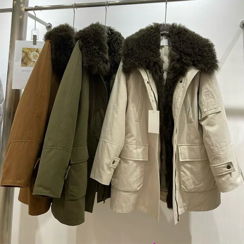 

2025 Women Casual Winter Natural Sheep Lamb Fur Collar Coats Goose Down Jacket Puffer Jackets Outwear Female Parka Coats