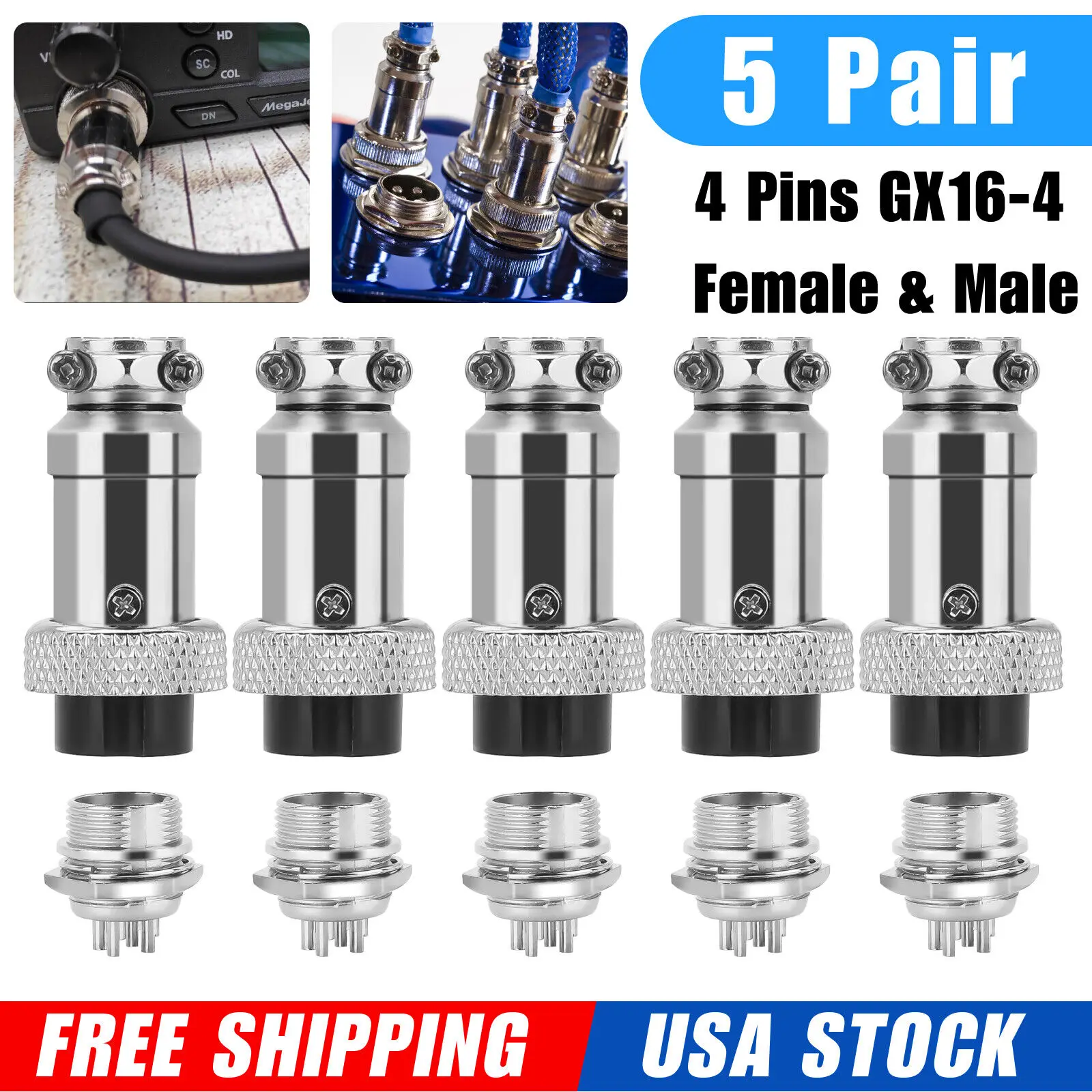 

5 Pair Aviation Plug 4 Pin Male Female Panel Wire Metal Connector 16mm GX16-4 US
