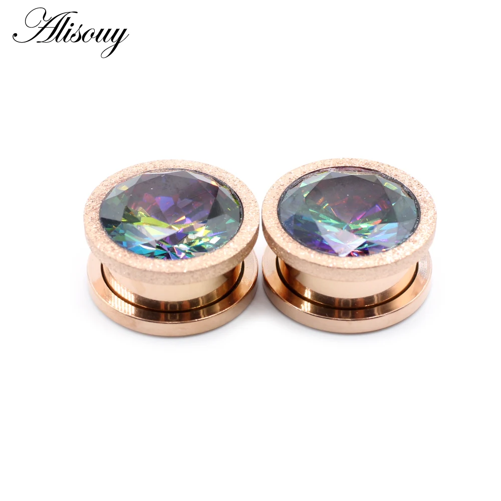 Alisouy 2pcs Stainless Steel Frosted Scrub Zirconia Crystal Ear Tunnels Plugs Expander Stretcher Gauges Body Piercing Jewelry