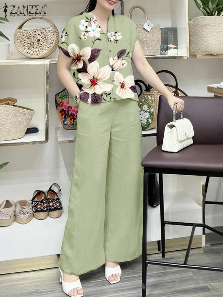 

ZANZEA Women Wide Leg Pants 2PCS Outfits Everyday Elegant Casual Floral Print Short Sleeve Tops 2 Piece Sets Commute Pant Sets