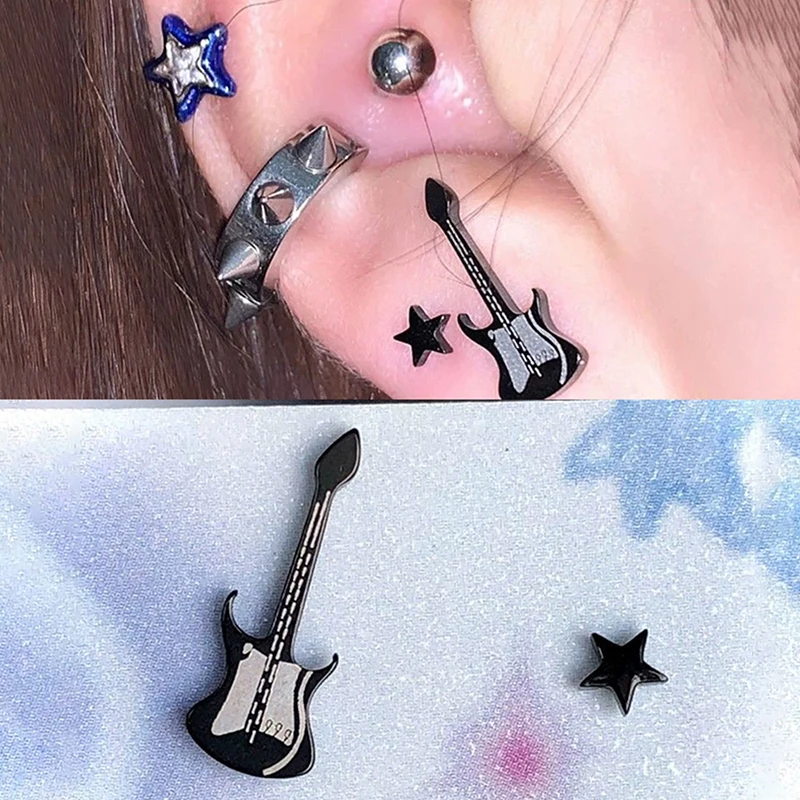 1Pair Unique Star Guitar Studs Punk Jewelry Earrings Men Women Goth Accessories Punk Cool Ear Studs