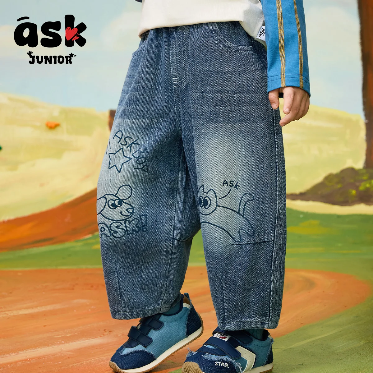 بنطال جينز مطبوع مطبوع عليه جرافيتي للربيع للأطفال الأولاد سراويل رياضية غير رسمية