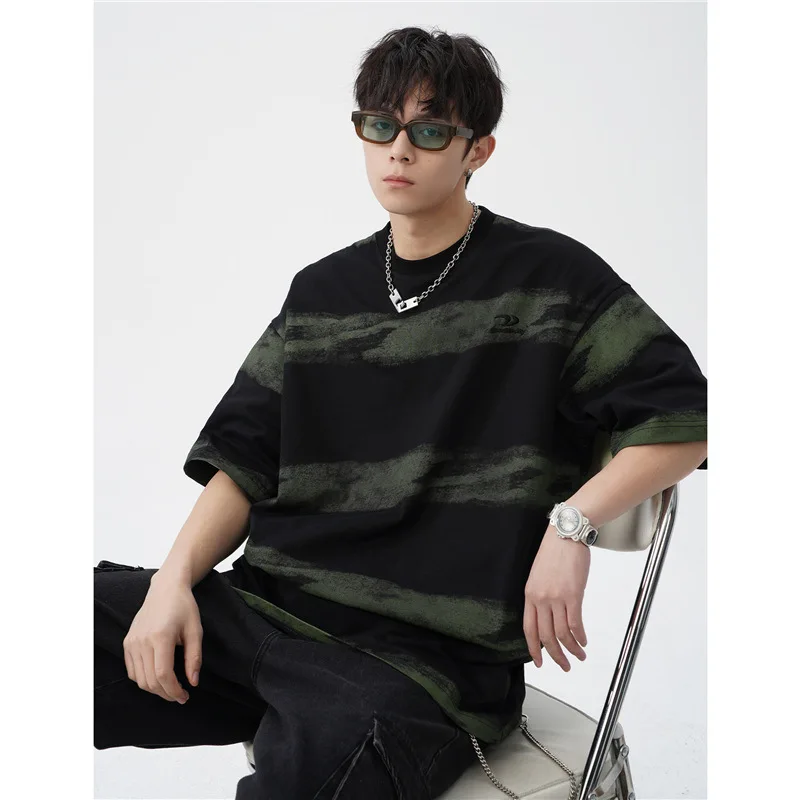 

Tie-dye contrasting stripes cotton short-sleeved T-shirt men's new trendy brand embroidered T-shirt Japanese retro