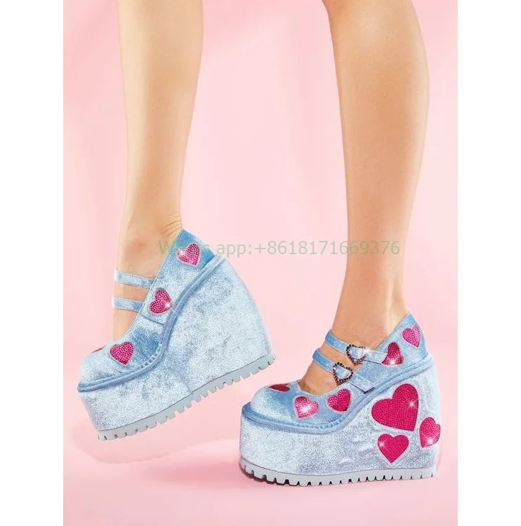 

Suede Platform Wegdes Blue Sweet Sandals Lady High Heel Round Toe Buckle Marry Jane Shoes Girl Dress Shoes Patchwork 2023