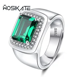 Wosikate Klassieke Vierkante Smaragdgroene Edelsteenring Voor Mannen 925 Sterling Zilveren Sieraden Trouwband Accessoires Geschenk Open Maat