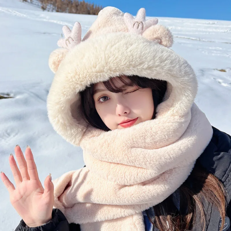 Little Bear Hat Scarf One Piece Adult Women\'s Winter Gloves Three in One Longbao Thickened Cycling Hairy Korean Version