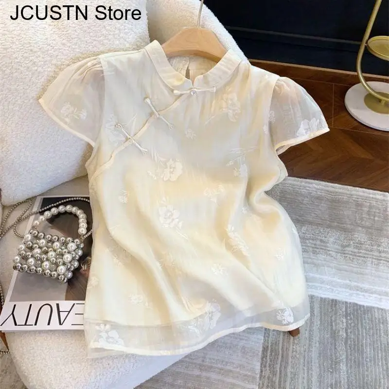 Camicia da donna con colletto rialzato stampato a maniche corte in stile cinese nuovo Temperamento Camicia da donna elegante Retro Summer Light Soft Top