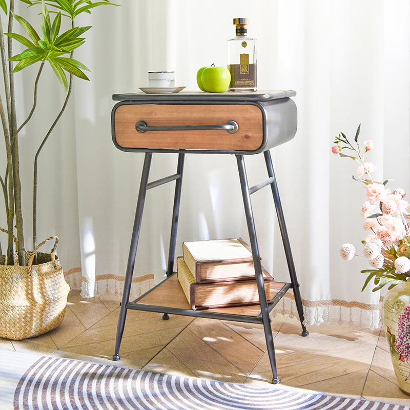 

INNOVA Small Side Table with Storage Drawer Antique Design Wood Panel Furniture for Home Living Room