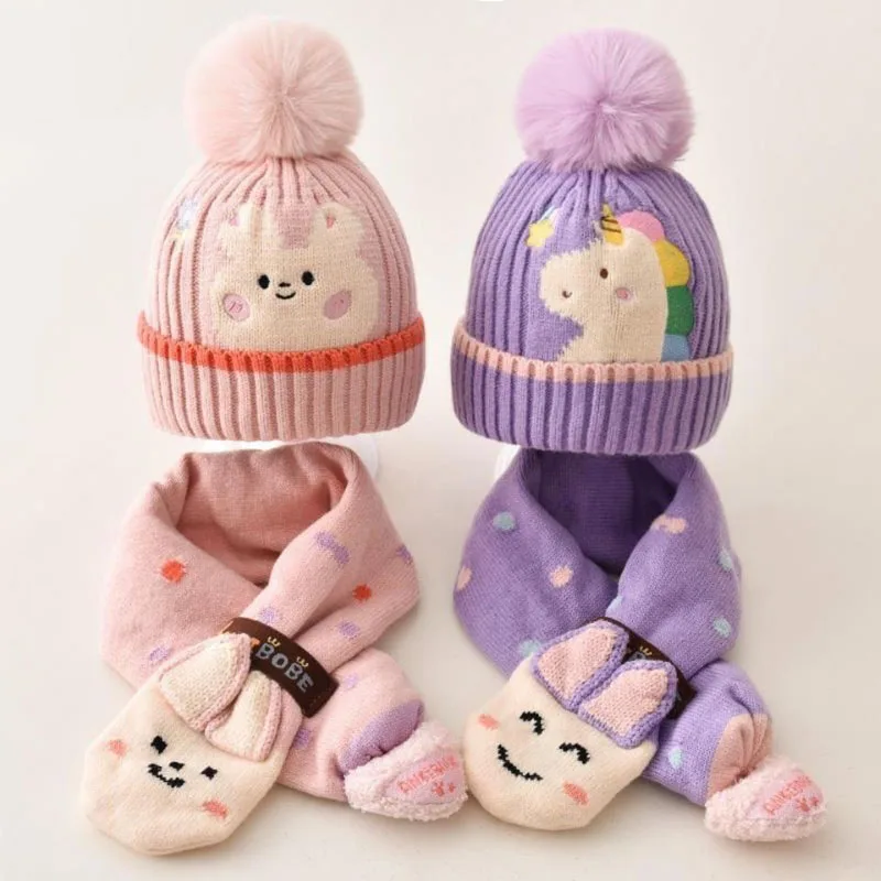 Doitbest 2022 Baby Kids Beanie Sets Dinosaur Rabbit Bear Cartoon 2 pcs Boys Girls Winter Villus Hat Scarf Set For 2 to 6 Years