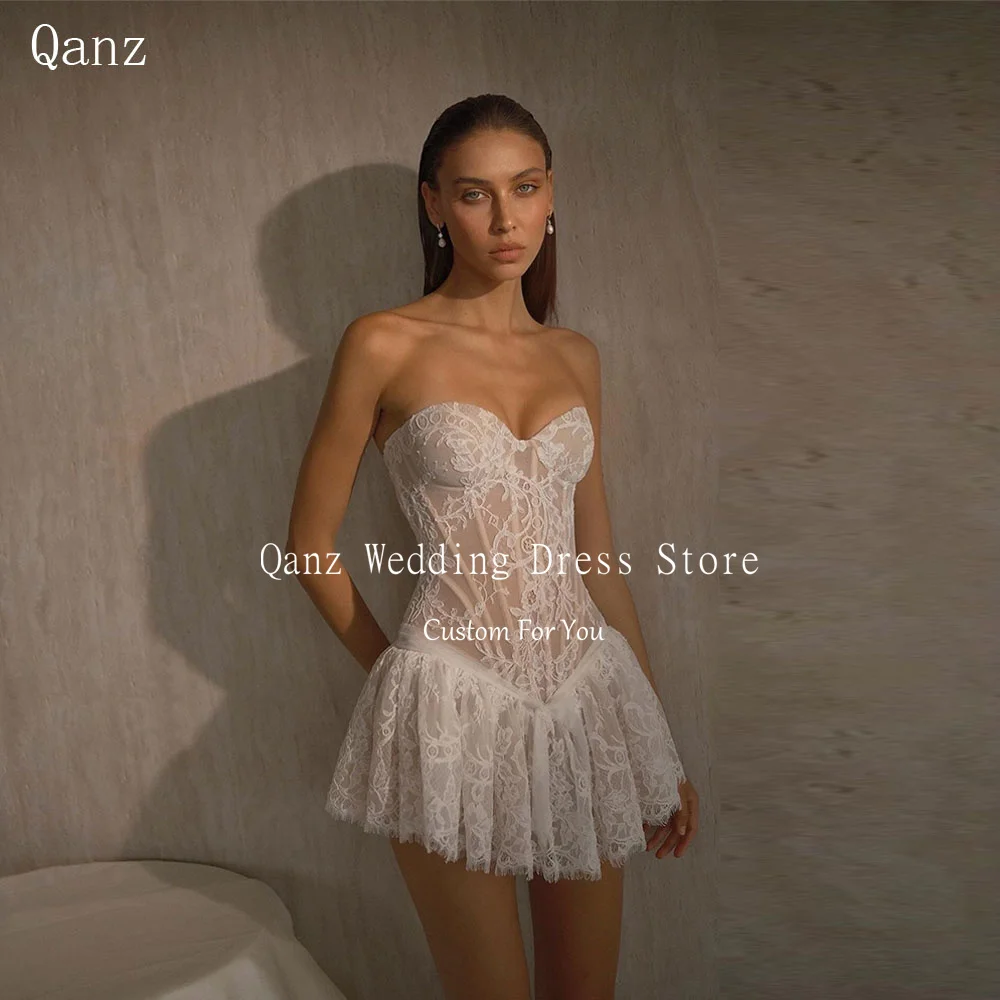 Qanz Sexy Mini Wedding Dress Sweetheart Lace Appliques Open Back Vestido De Novia Short A Line Women Robe De Mariée Customized