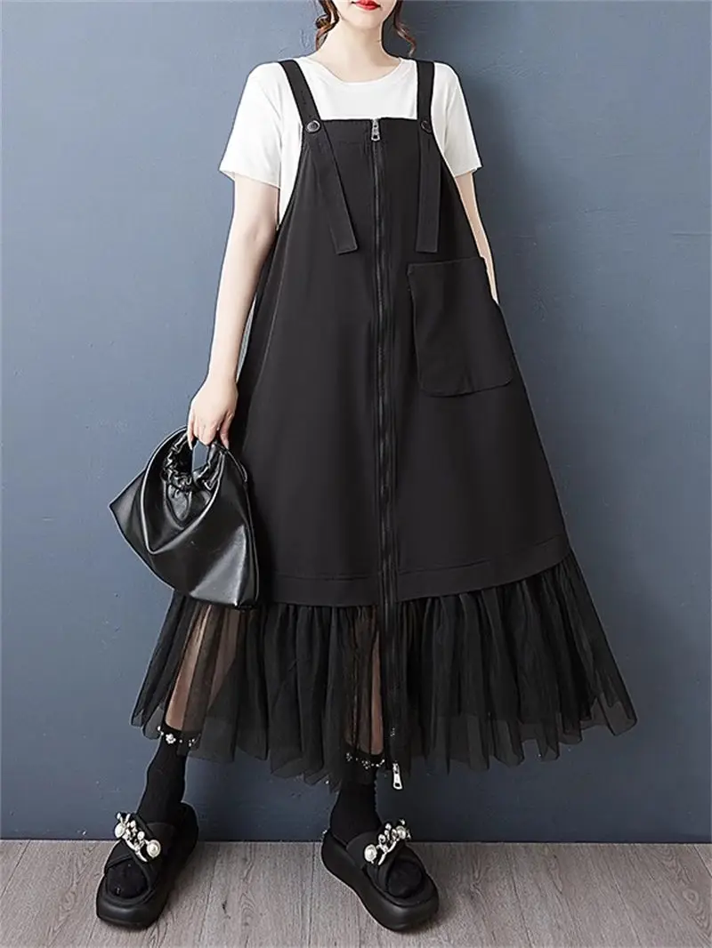 Spaghettiträgerkleid im japanischen Stil mit Mesh-Ausschnitt – lockeres, übergroßes, lässiges Sommerkleid für Damen, modisch und vielseitig G1011