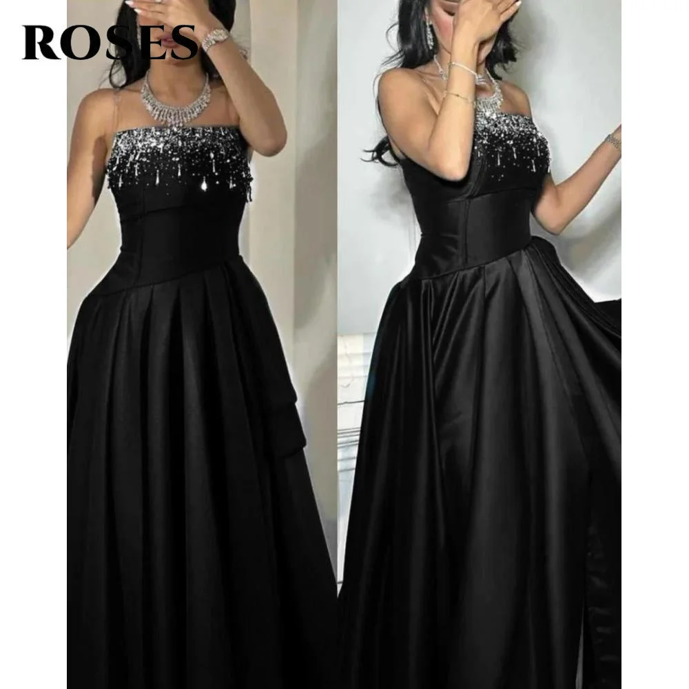 ROSE Abiti da sera neri senza maniche Abito da ballo in raso senza spalline con cristalli glitterati Abiti da festa a pieghe a trapezio personalizzati