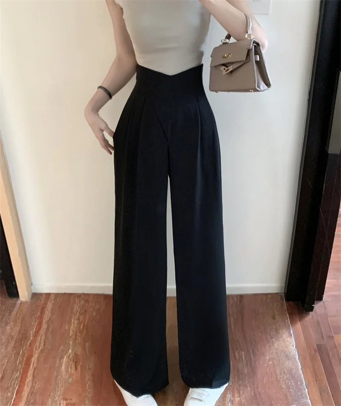 ارتفاع الخصر الكورية Sle دعوى السراويل النسائية عارضة فضفاض مستقيم الساق السراويل الطويلة التخسيس تنوعا واسعة الساق السراويل