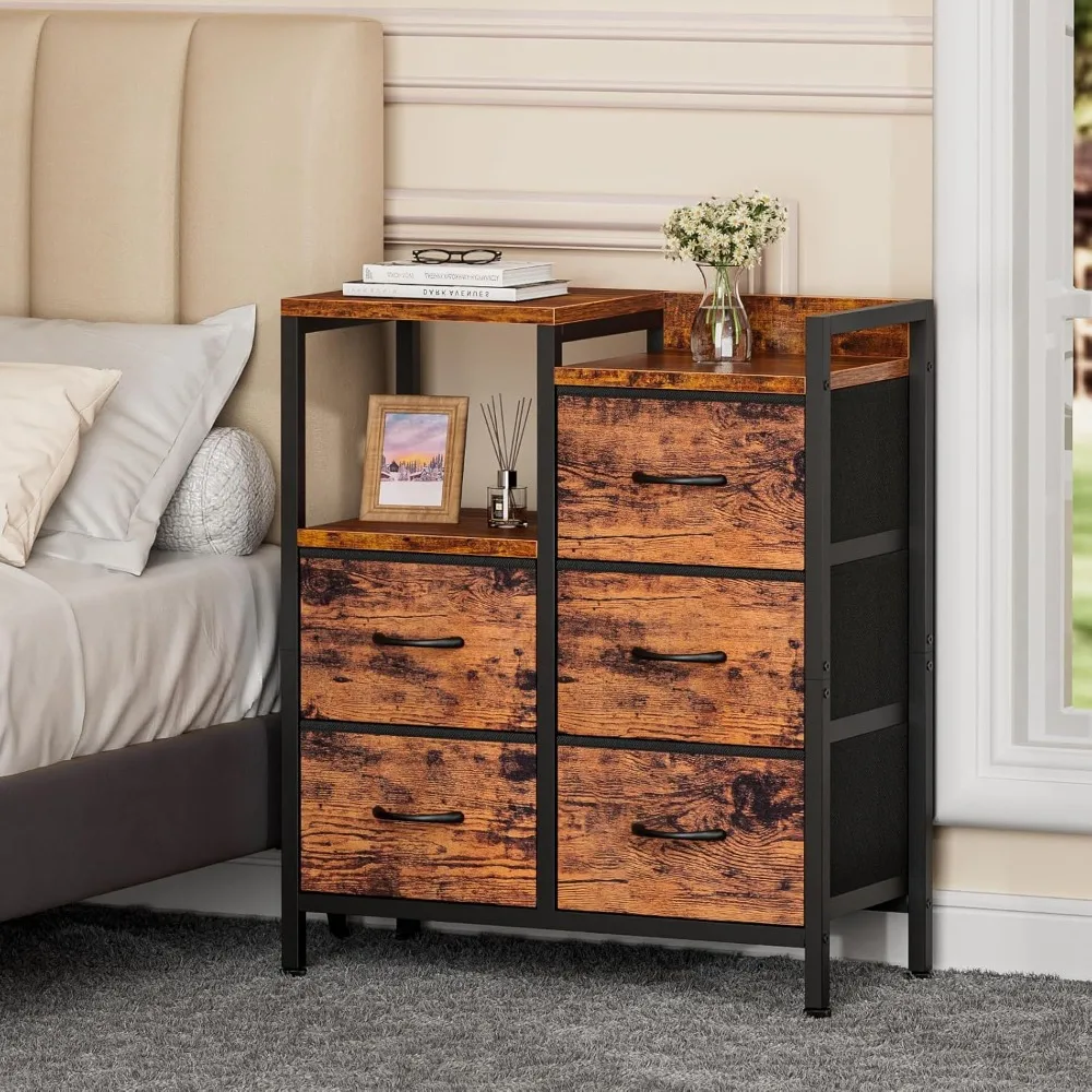 5 Drawer Rustic Brown Dressers for Bedroom 2 Tier Shelf Storage Small Fabric Dresser for Closet Sturdy Metal Frame Modern Style