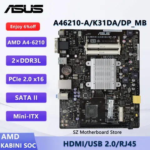 ASUS A46210-A/K31DA/DP_MB 데스크탑 마더보드 AMD A4-6210 APU 1.8GHz, Radeon R3 그래픽, 저전력 15W, DDR3, SATA, Mini-ITX