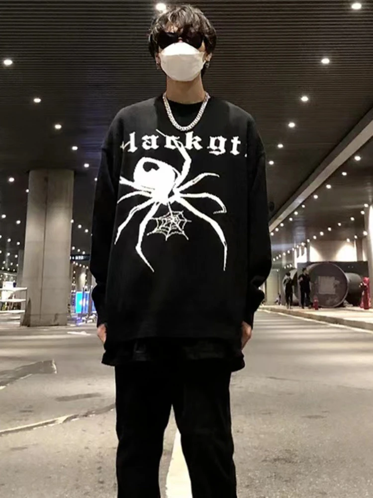 Sweaters Men Autumn Spider Print European Style Vintage High Street O-neck All-match Popular Hip Hop Handsome Males Knitwear New