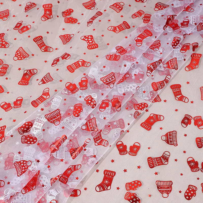 Red Gold Foil Sock Pattern Christmas Organza Fabric, for Trick‑or‑Treat Bags Kids Clothing Accessories Stage Backdrop Decor