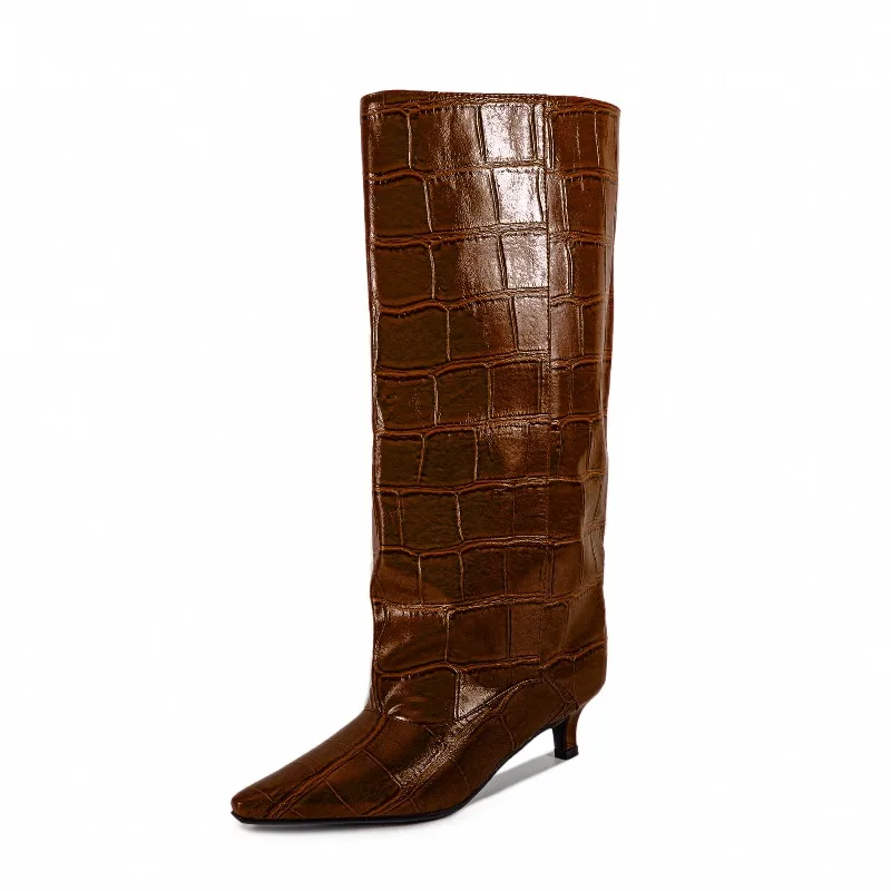 Kitten Heel Wide Calf Boots, Comfort Fit Slouchy Knee High Boots, Roomy Oversized Calf Design for Women Fall Winter Outfits