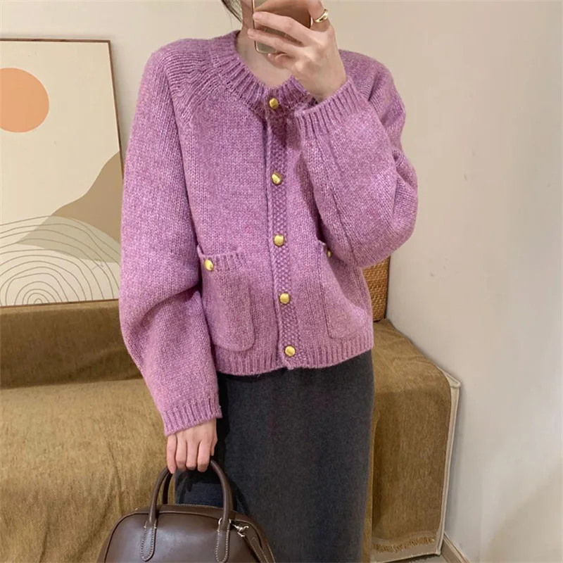 

Casual Retro Short Fragrant Knitted Cardigan Women New Autumn Winter Loose O-Neck Rotator Sleeve Thick Sweater Coat Woman L454